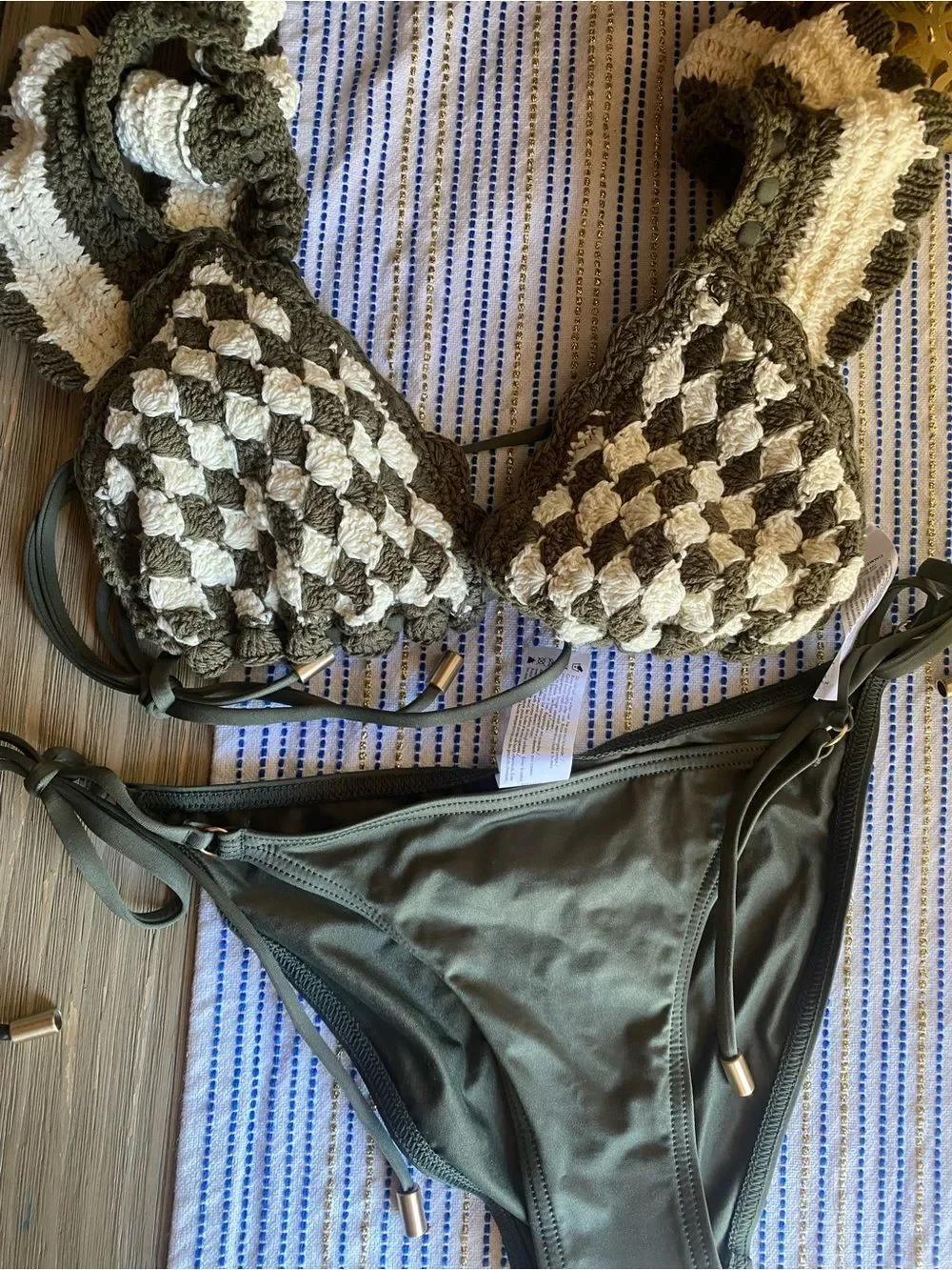 Zimmermann Olive & Ivory Check Ruffle-Trim Crochet Sz 6 NWT